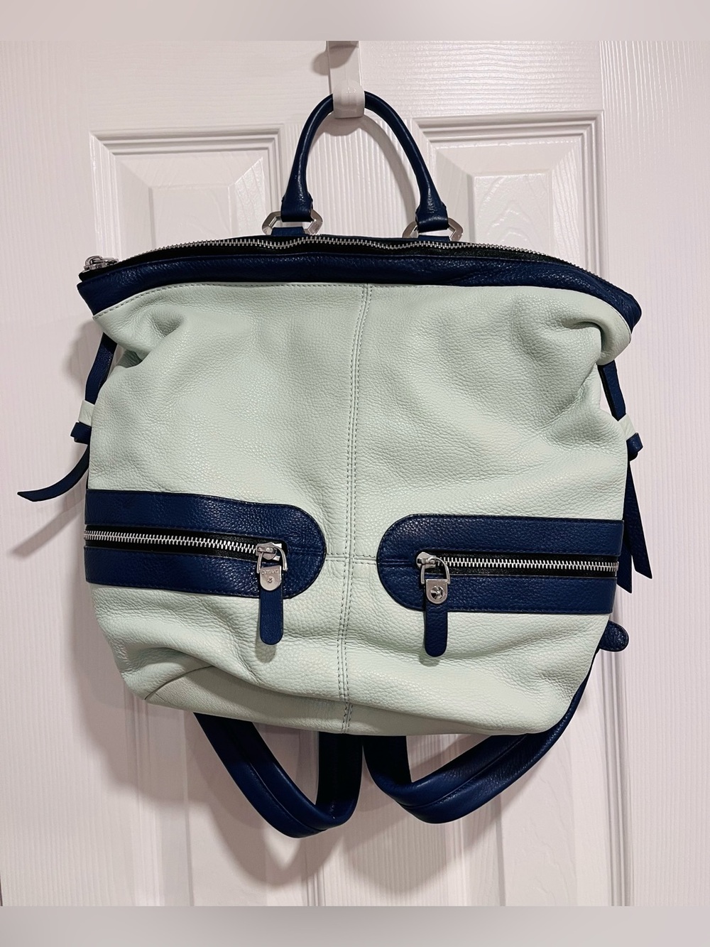 Oryany Mint and Navy Leather Backpack